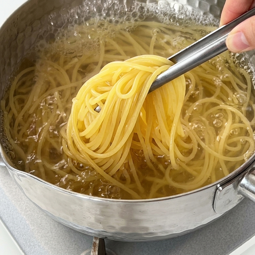 Pinze che sollevano e mescolano gli spaghetti in una pentola di acqua che bolle vigorosamente.
