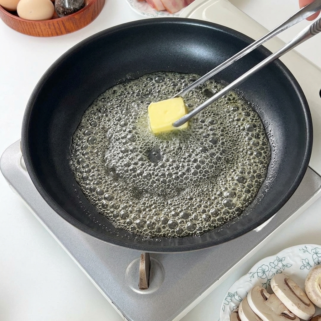 Un pezzetto di burro che si scioglie e sfrigola leggermente in una padella nera calda.
