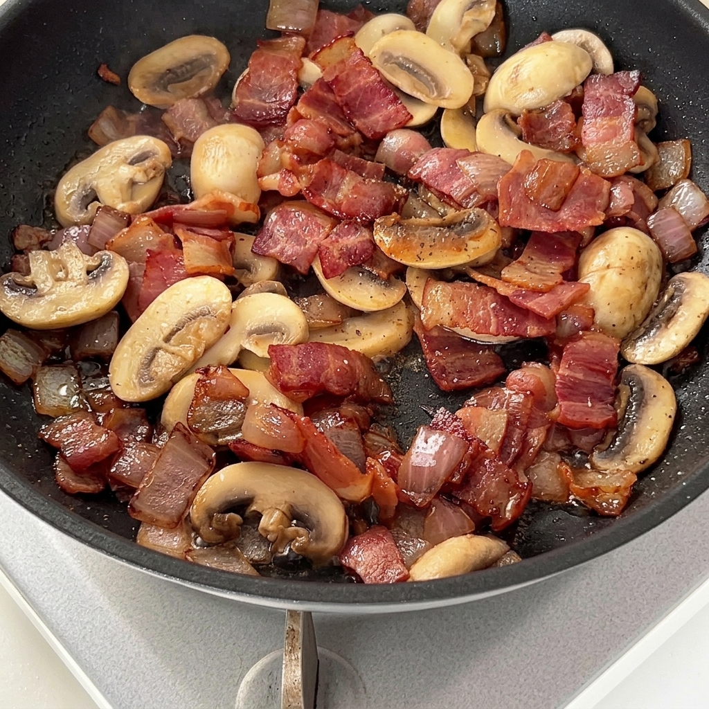 Bacon, cipolle e funghi appassiti in padella conditi con pepe nero macinato al momento.