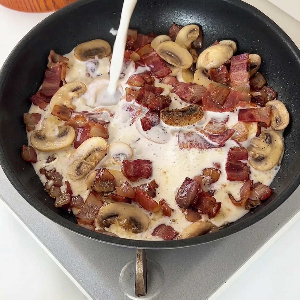 Versare latte e panna liquida in una padella con bacon, funghi e cipolle per creare la base cremosa.