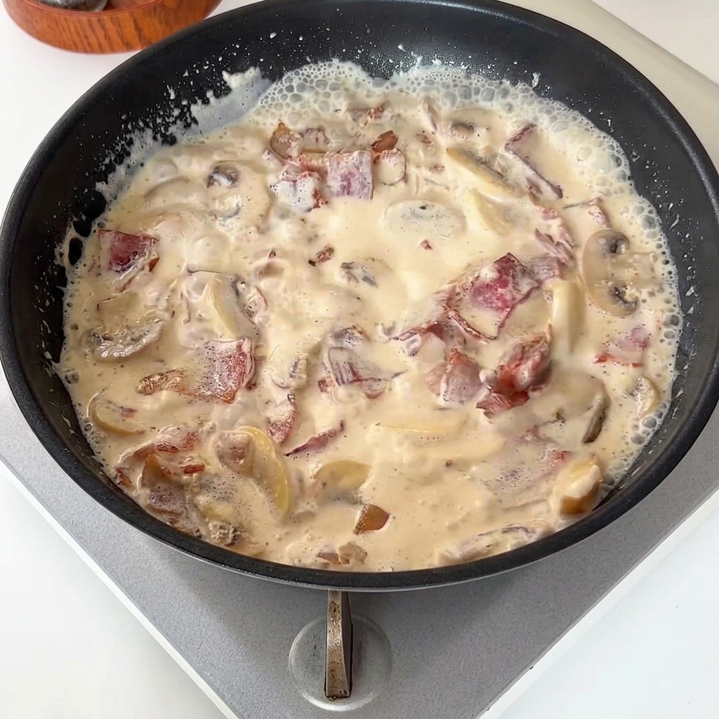 Una padella con una salsa bianca che sobbolle, contenente bacon e fette di funghi visibili.