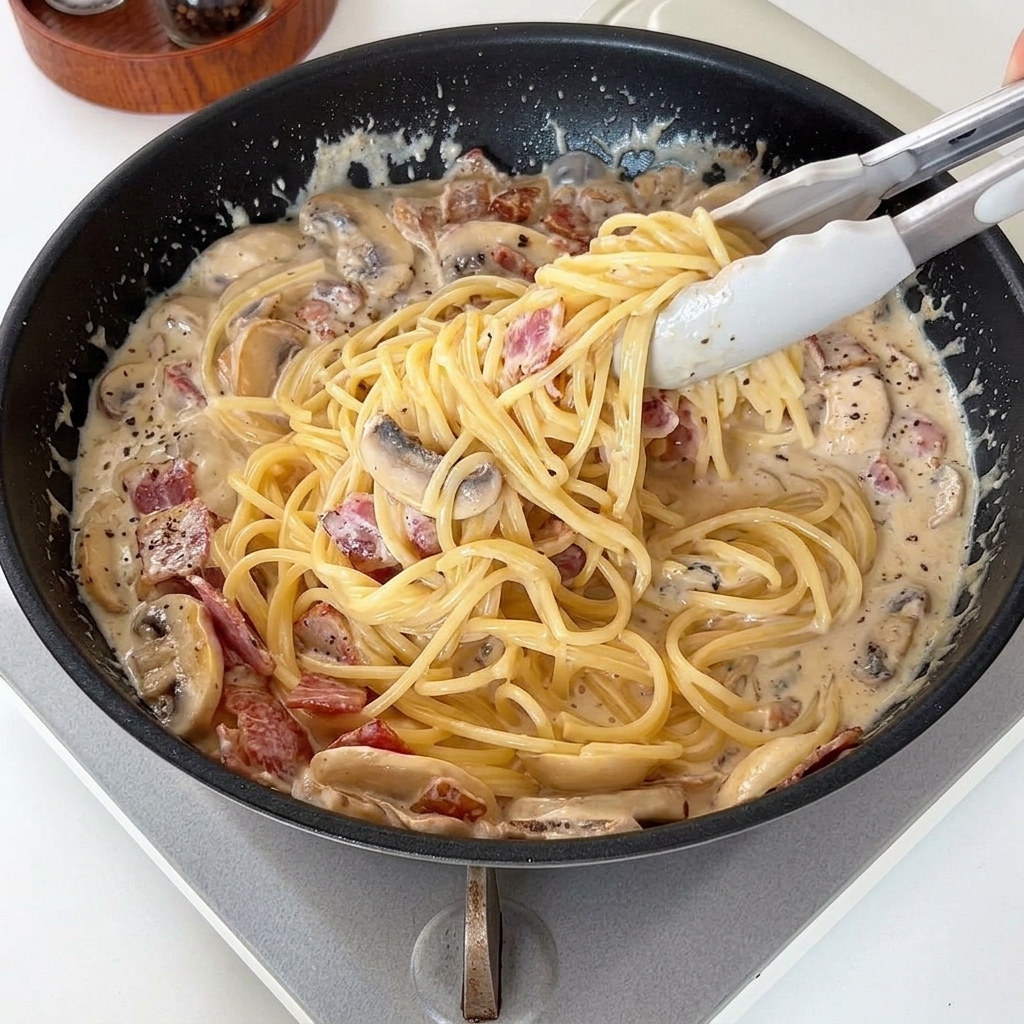 Pinze che saltano e mescolano gli spaghetti nella salsa cremosa con funghi e bacon in padella.