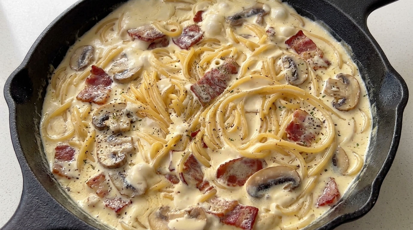 Spaghetti cremosi con bacon e funghi serviti in una padella rustica, rifiniti con pepe nero macinato fresco.