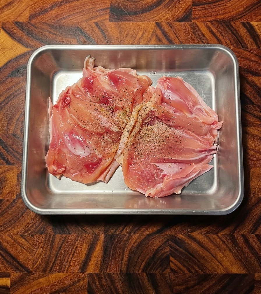 Primo piano di cosce di pollo crude e disossate condite con pepe nero in un vassoio di acciaio inossidabile.