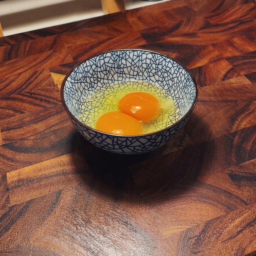 Due uova crude in una ciotola di ceramica con motivi bianchi e blu, appoggiata su una superficie di legno.