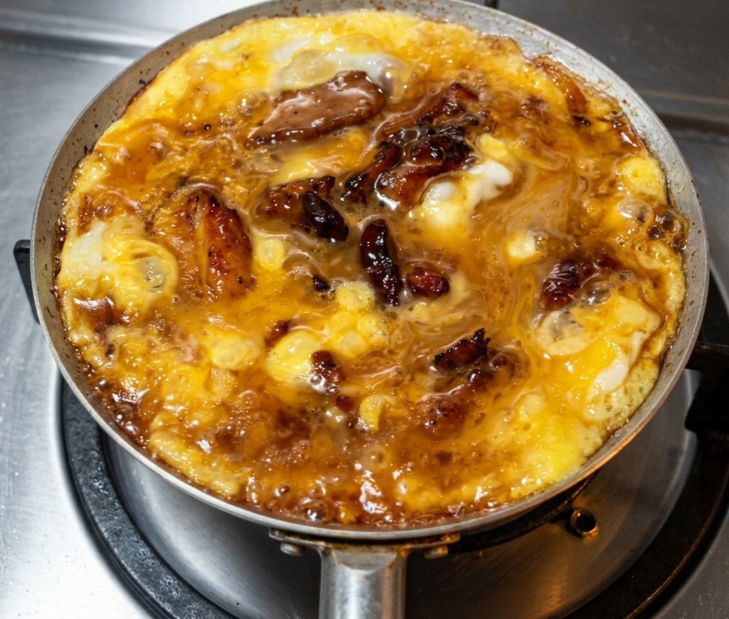 Un primo piano di oyakodon in padella con uova perfettamente lucide e ancora parzialmente cremose.