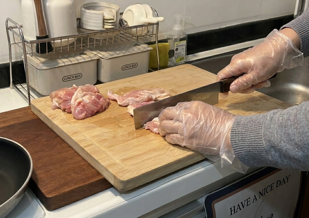 Mani con guanti tagliano la carne rosa e cruda di una sovracoscia di pollo in piccoli pezzi con un coltello da chef affilato su un tagliere di legno.