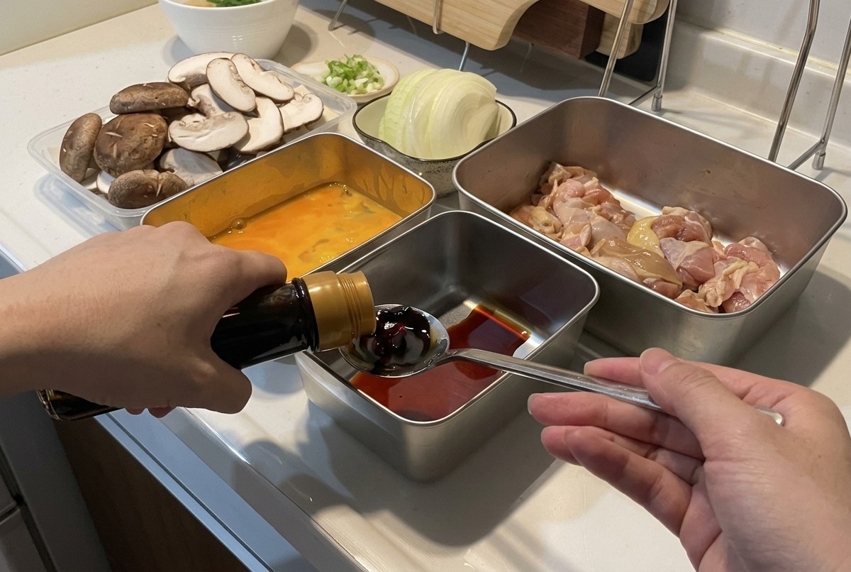 Una persona versa la salsa di soia scura da una bottiglia in un cucchiaio sopra un contenitore di metallo pieno di liquido, circondato da ingredienti pronti come funghi e cipolle affettate.
