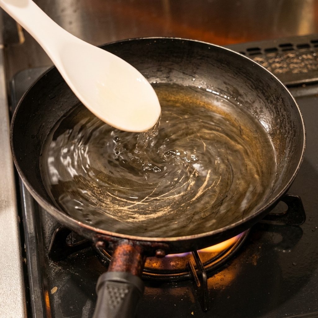 Condimento liquido versato da un cucchiaio bianco in una padella scura con acqua che sobbolle.