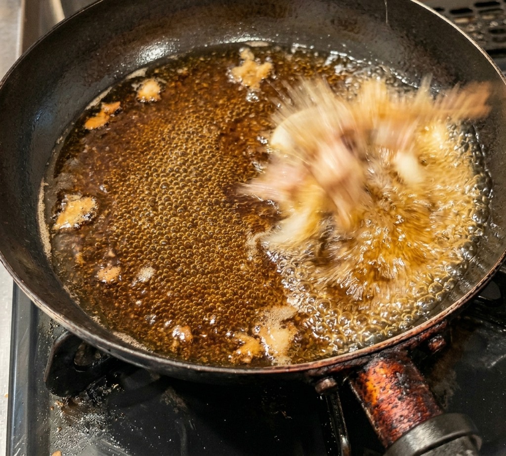 Pinze di legno che adagiano pezzi di pollo crudo in una salsa scura che bolle in padella.