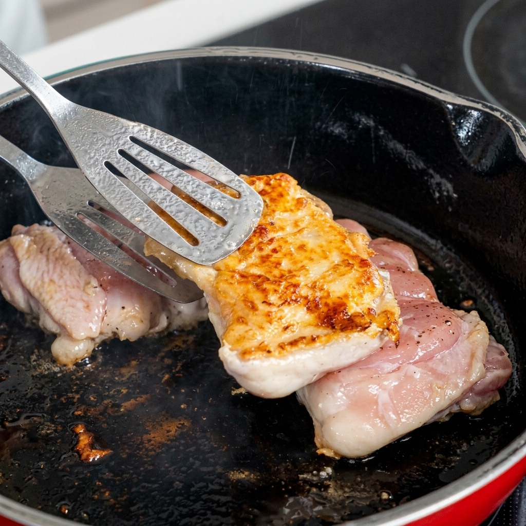 Una spatola che solleva un pezzo di pollo dalla padella mostrando una pelle dorata e perfettamente croccante.