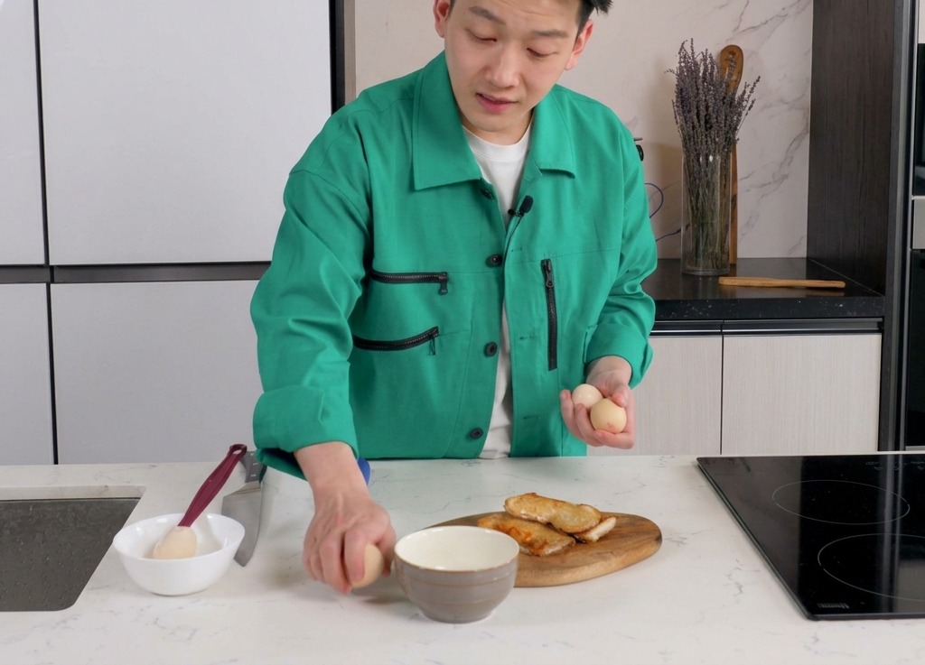 Un cuoco che rompe uova fresche in una ciotola di ceramica su un piano cucina pulito.