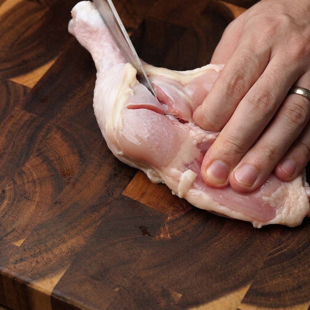 Mani che usano un coltello affilato per disossare con cura una coscia di pollo cruda su un tagliere di legno scuro.