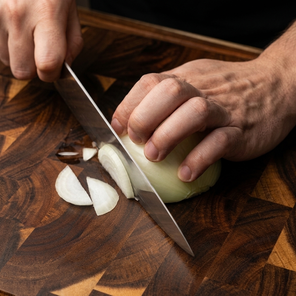 Mani che usano un coltello affilato per affettare con cura a strisce mezza cipolla gialla cruda su un tagliere di legno scuro.