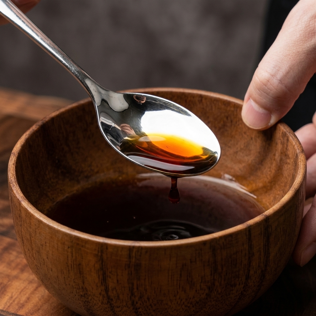 Un cucchiaio di metallo che solleva una salsa giapponese scura e lucida da una piccola ciotola di legno per mostrarne la consistenza.