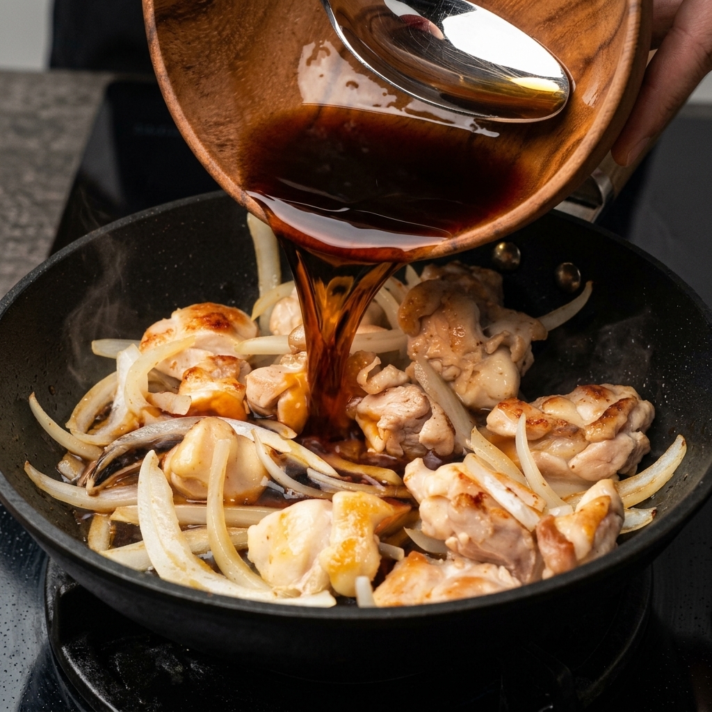 Salsa scura e saporita versata da una ciotola di legno in una padella con pollo e cipolle.