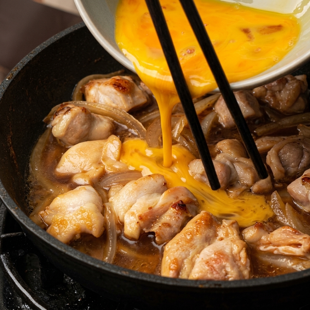 Un flusso di uovo sbattuto giallo brillante versato da una ciotola di ceramica in una padella con pollo e cipolle che sobbollono.