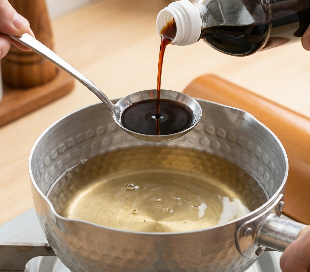 Salsa di soia versata da una bottiglia in un mestolo sopra una pentola di brodo dashi.