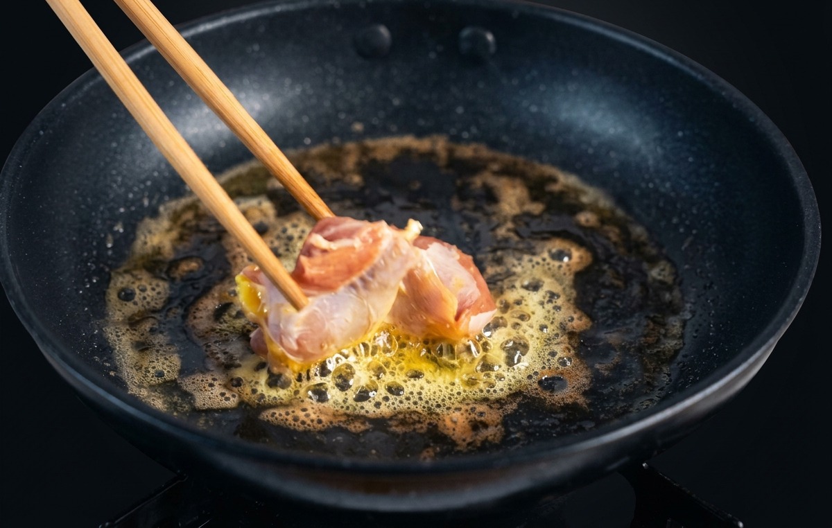 Bacchette di legno che adagiano pezzi di coscia di pollo cruda e rosa in una padella con burro fuso spumeggiante.