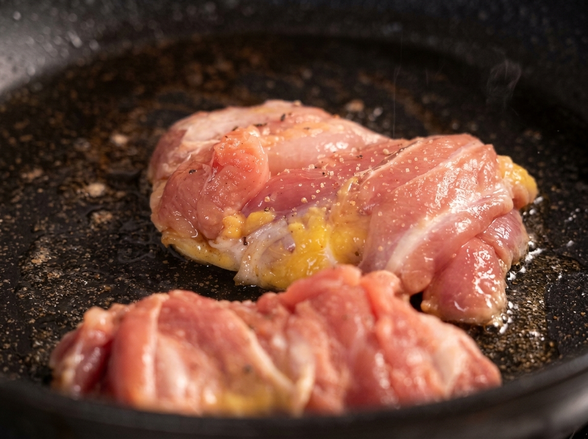 Primo piano di pezzi di pollo che rosolano in padella con granelli di pepe nero visibili spolverati sopra.