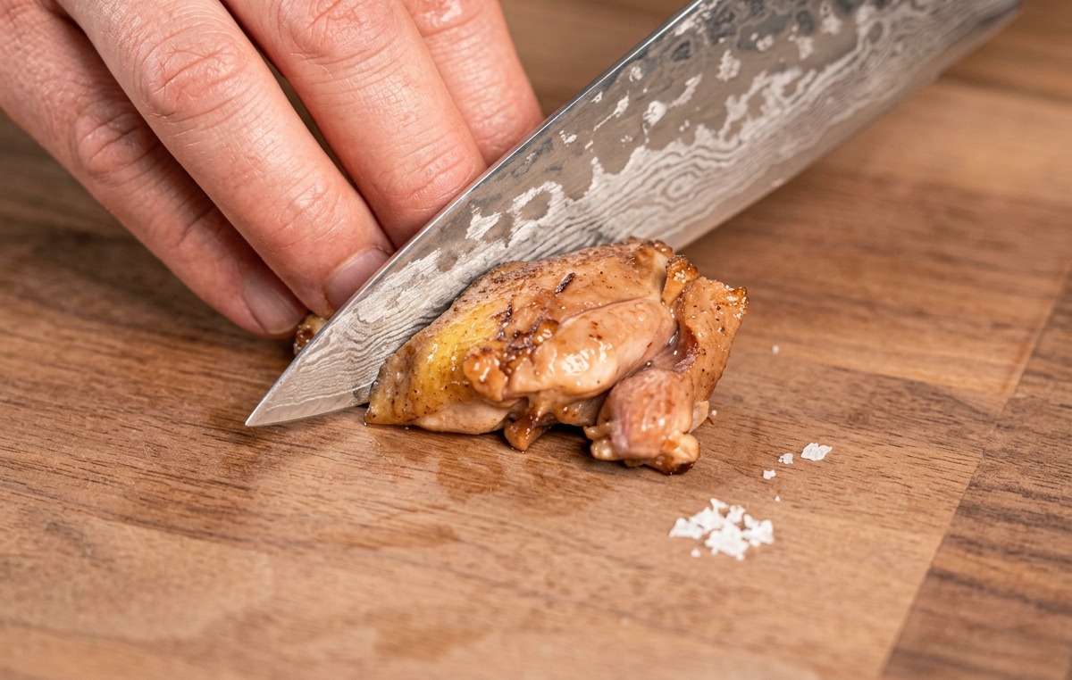Un affilato coltello da chef che taglia una sovracoscia di pollo scottata e dorata su un tagliere di legno.