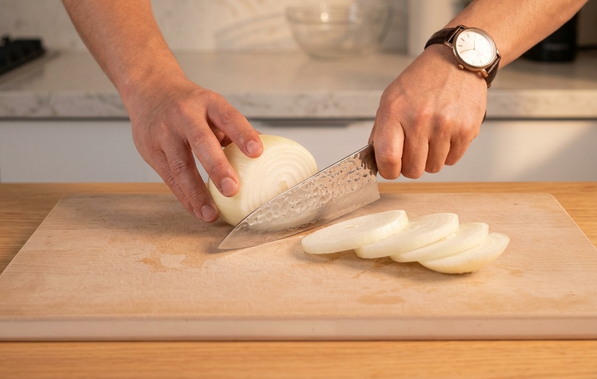 Una persona che usa un coltello da chef per affettare sottilmente una cipolla bianca a mezzelune su un tagliere di legno.