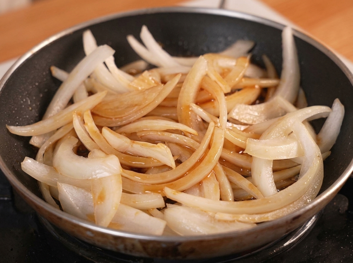 Cipolle bianche affettate in una piccola padella coperte da una miscela scura di brodo dashi e salsa di soia.