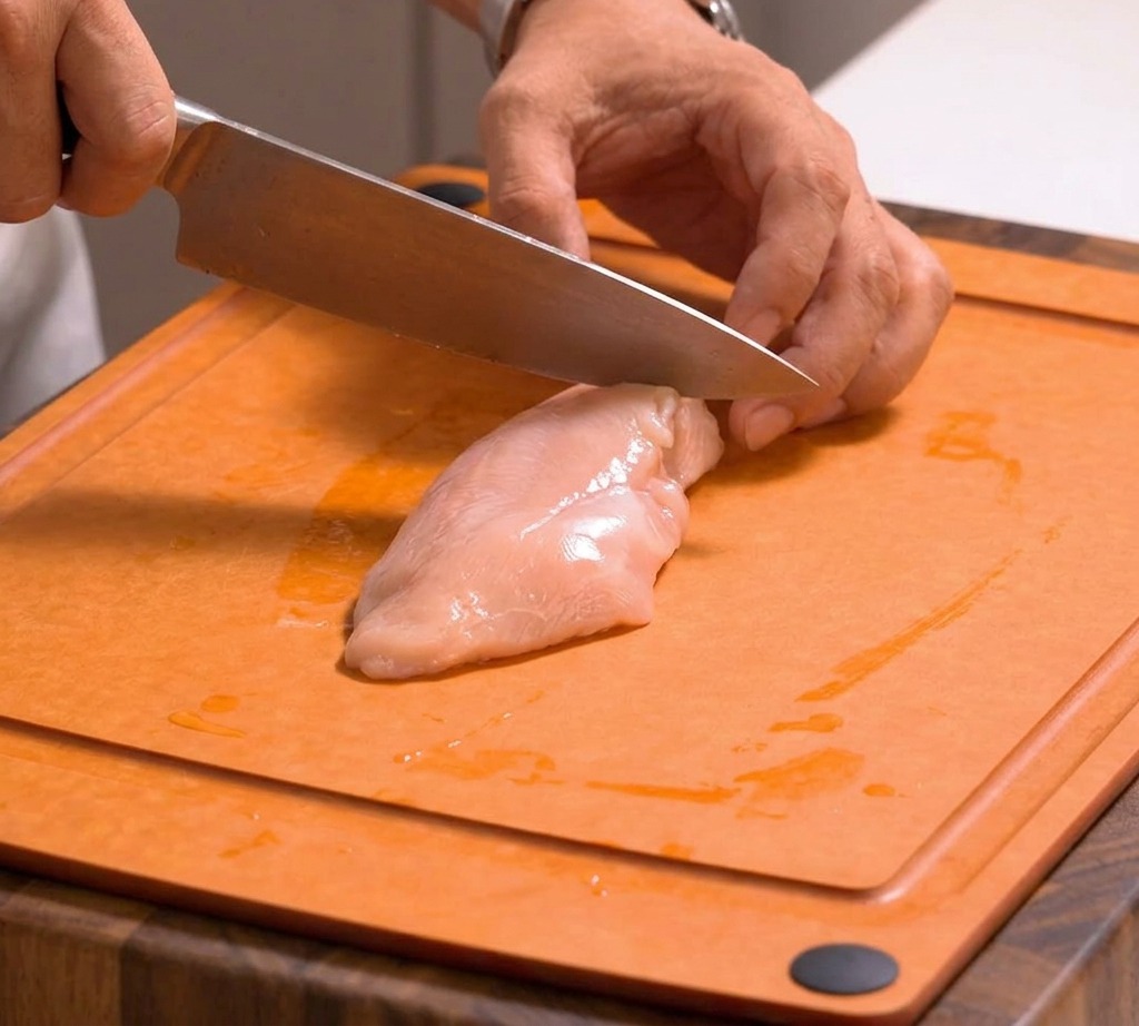 Uno chef usa un coltello affilato per tagliare un petto di pollo crudo a strisce sottili su un tagliere marrone.