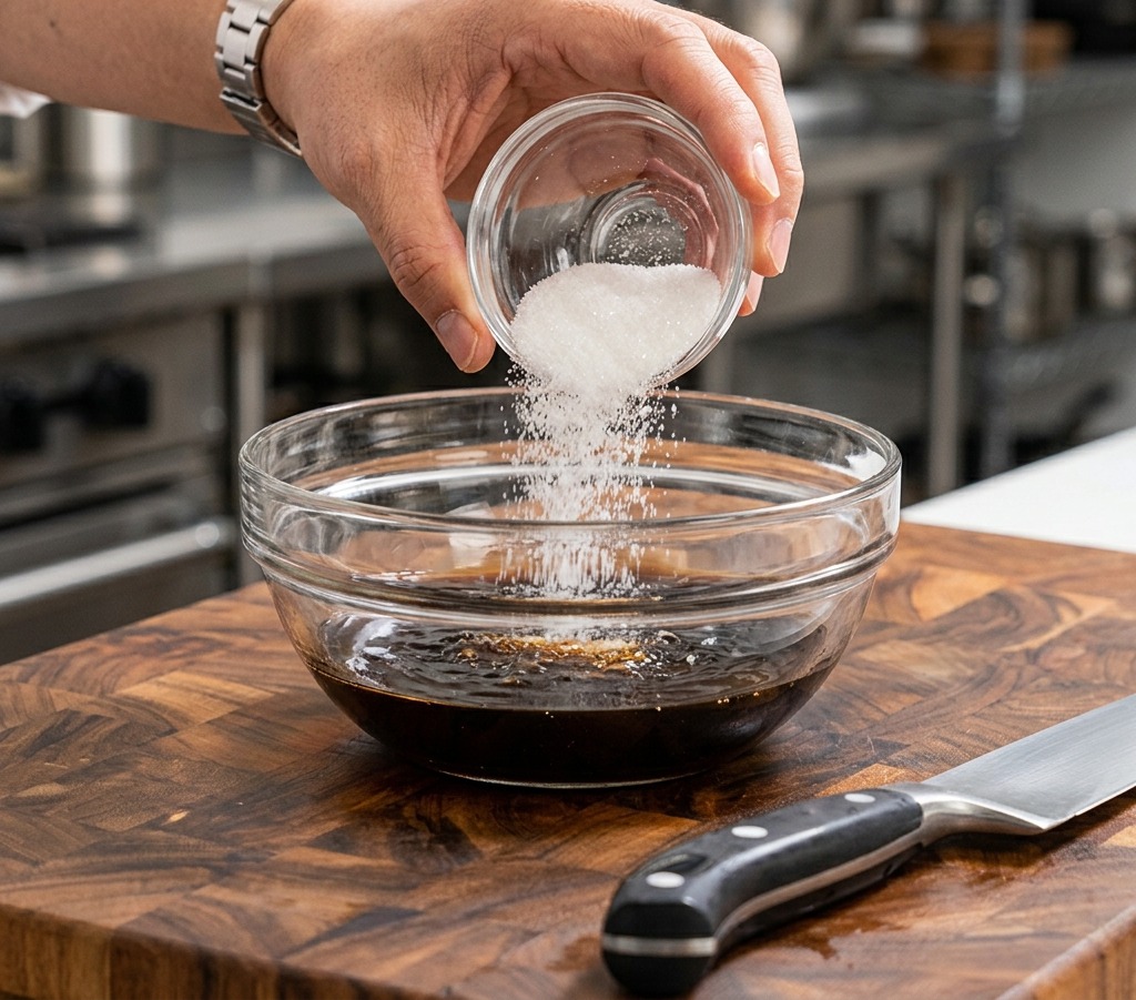 Zucchero semolato che viene versato da una piccola ciotola di vetro in una ciotola contenente gli ingredienti liquidi scuri della salsa.