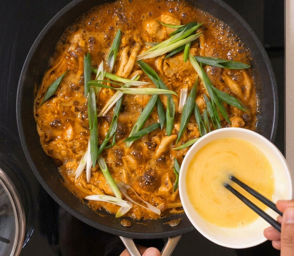 Una mano usa le bacchette per guidare luovo sbattuto da una ciotola bianca a una padella che sobbolle con pollo, funghi shimeji e cipollotti freschi.