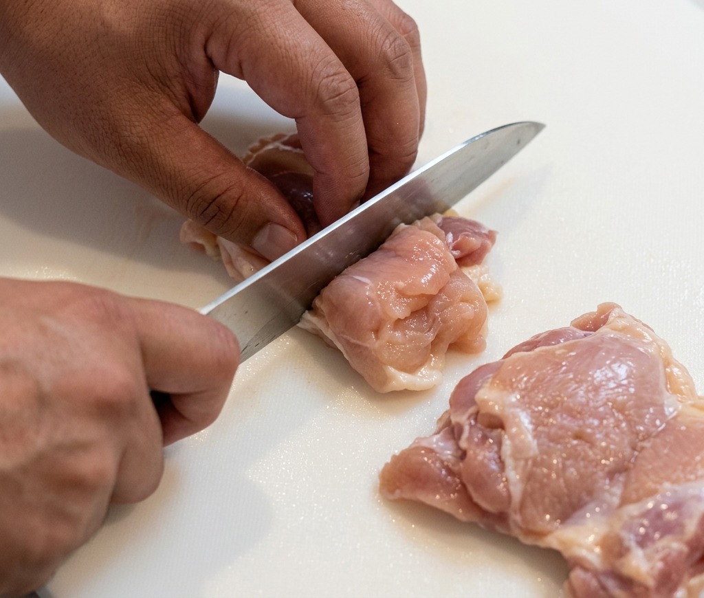 Taglio del pollo crudo a cubetti su un tagliere di plastica bianco con un coltello da cucina.