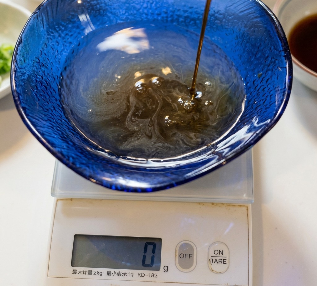 Liquido scuro versato in una ciotola di vetro blu posizionata su una bilancia da cucina digitale.