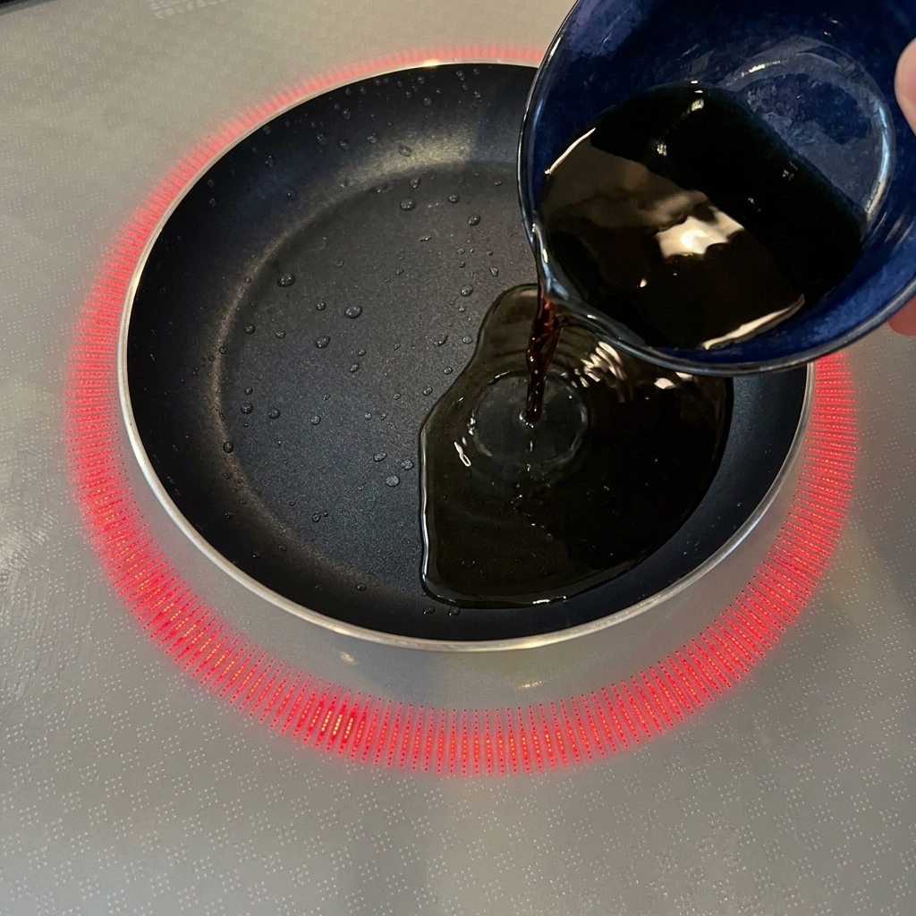 Una salsa scura versata da una ciotola di ceramica blu in una piccola padella antiaderente su un piano a induzione.