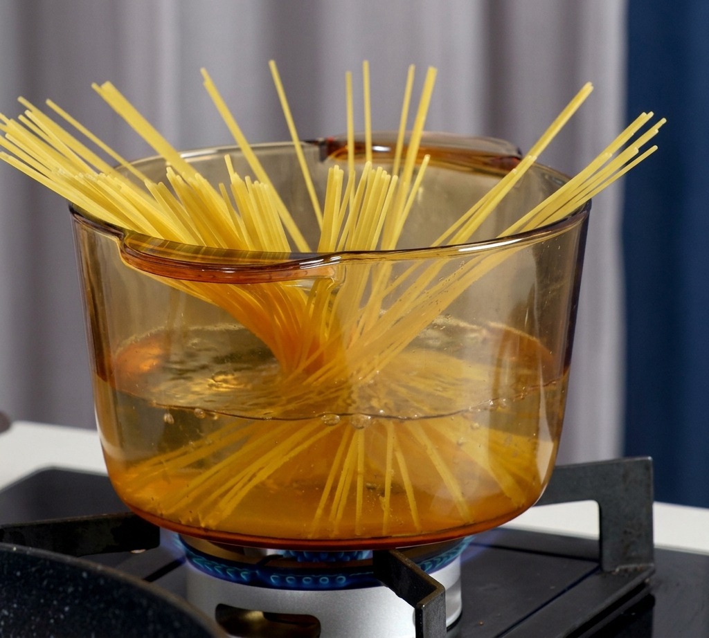 Spaghetti secchi in una pentola dacqua bollente sul fornello.