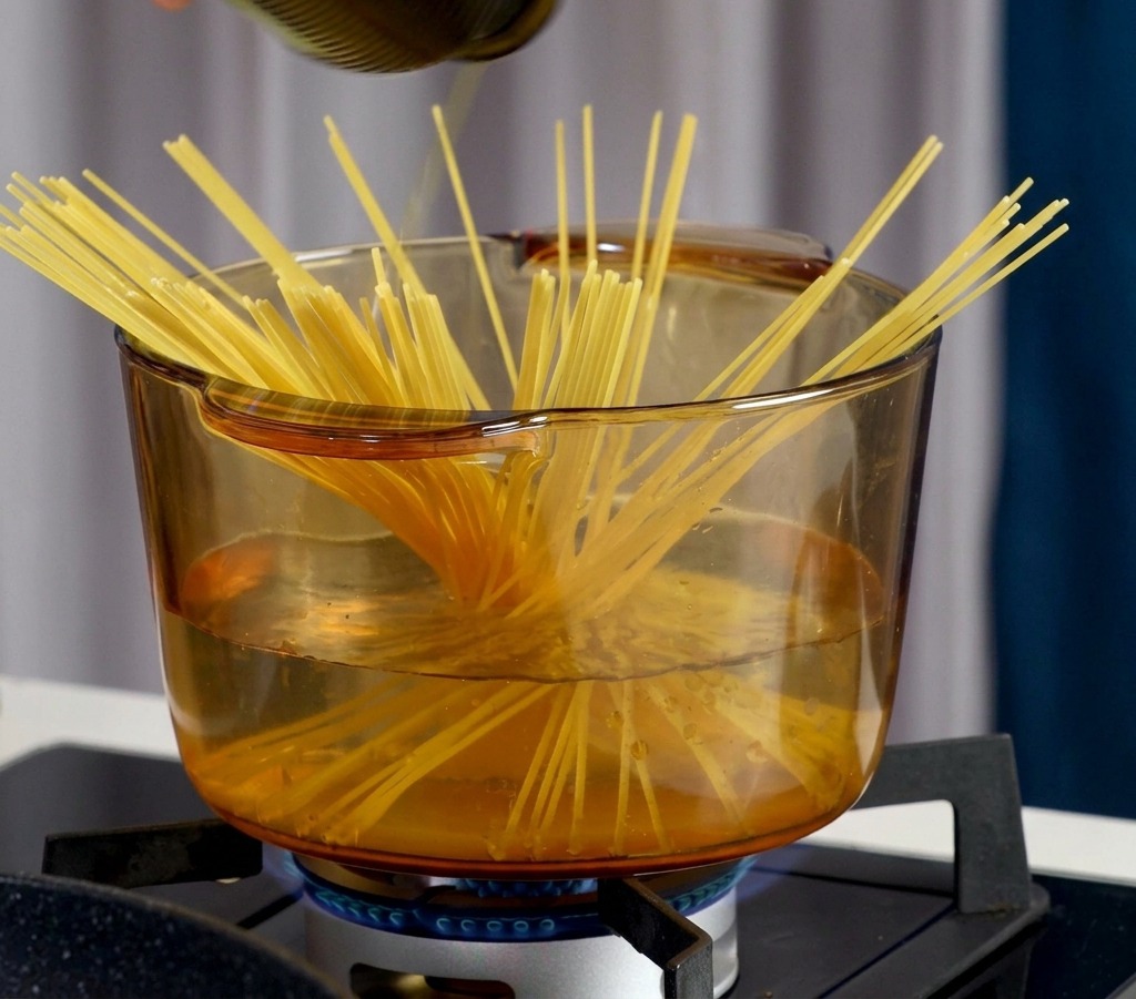 Versare olio doliva e sale in una pentola dacqua bollente con gli spaghetti.