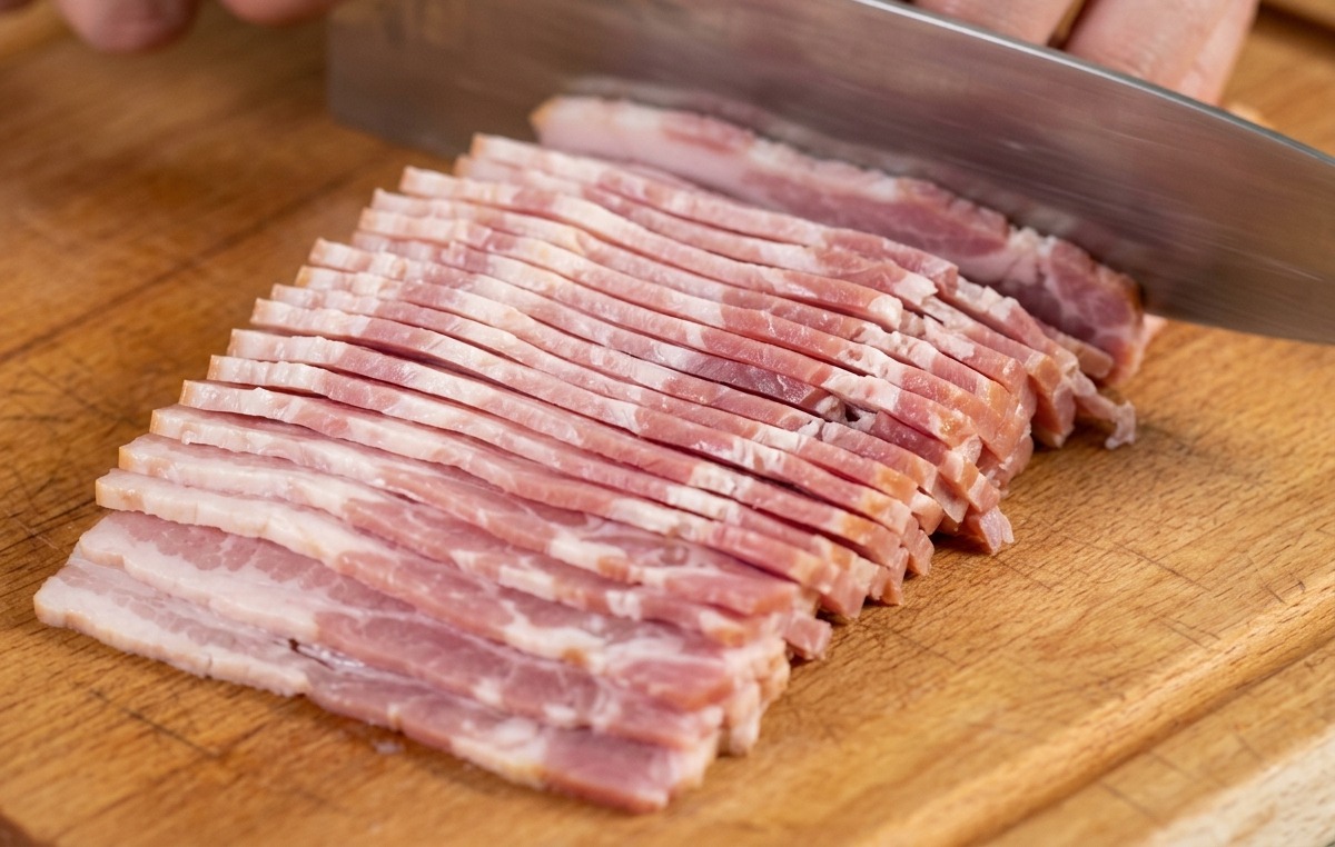 Primo piano di uno chef che affetta strisce di pancetta cruda su un tagliere di legno.