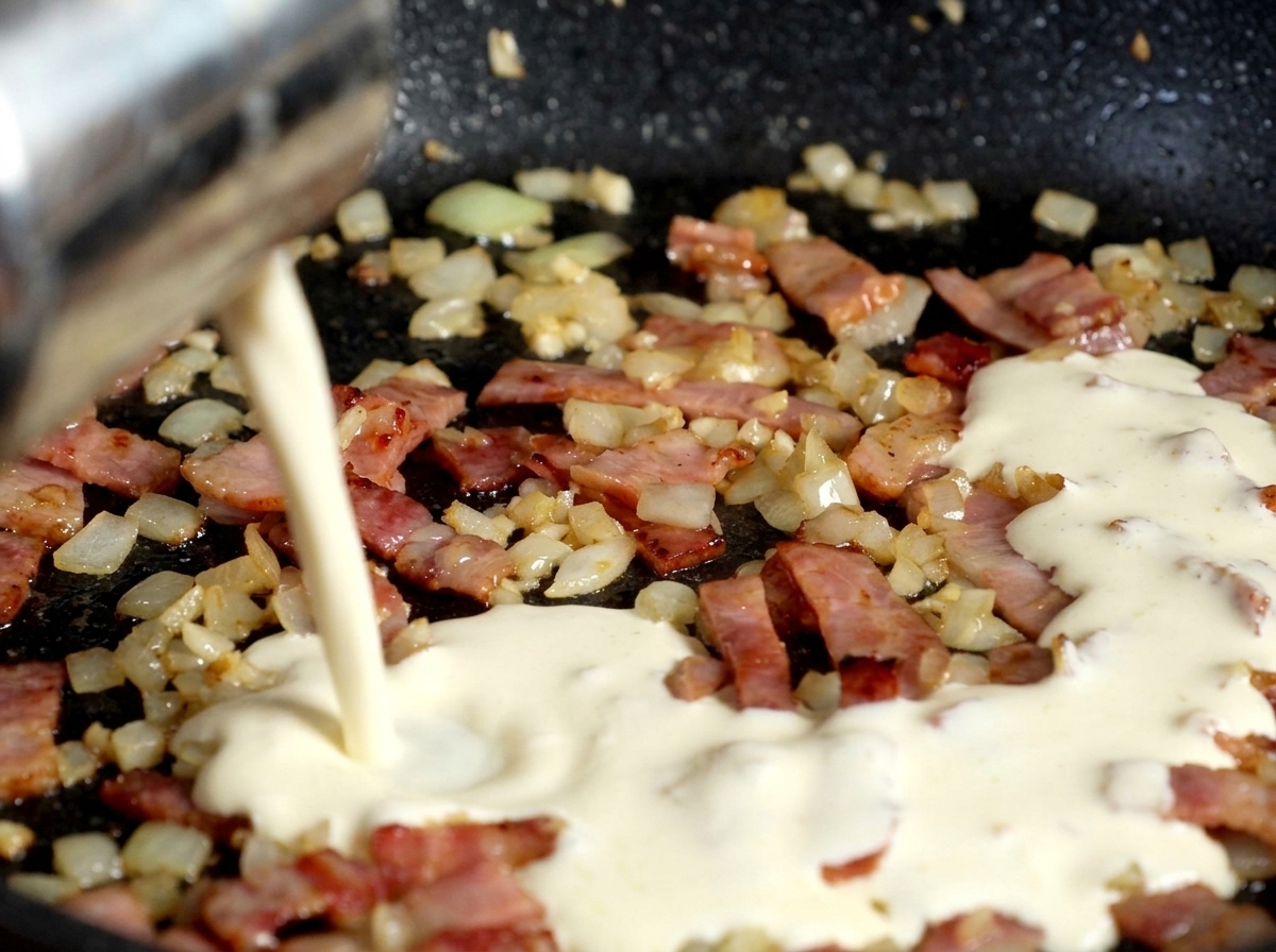 Panna fresca versata in una padella con pancetta e cipolle soffritte.