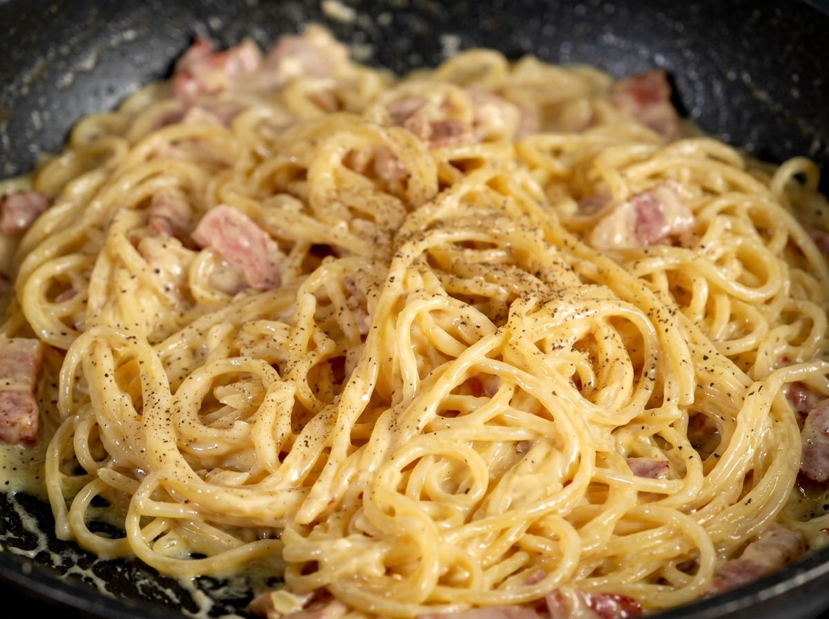 Primo piano di spaghetti cremosi con pezzetti di pancetta e abbondante pepe nero macinato fresco.
