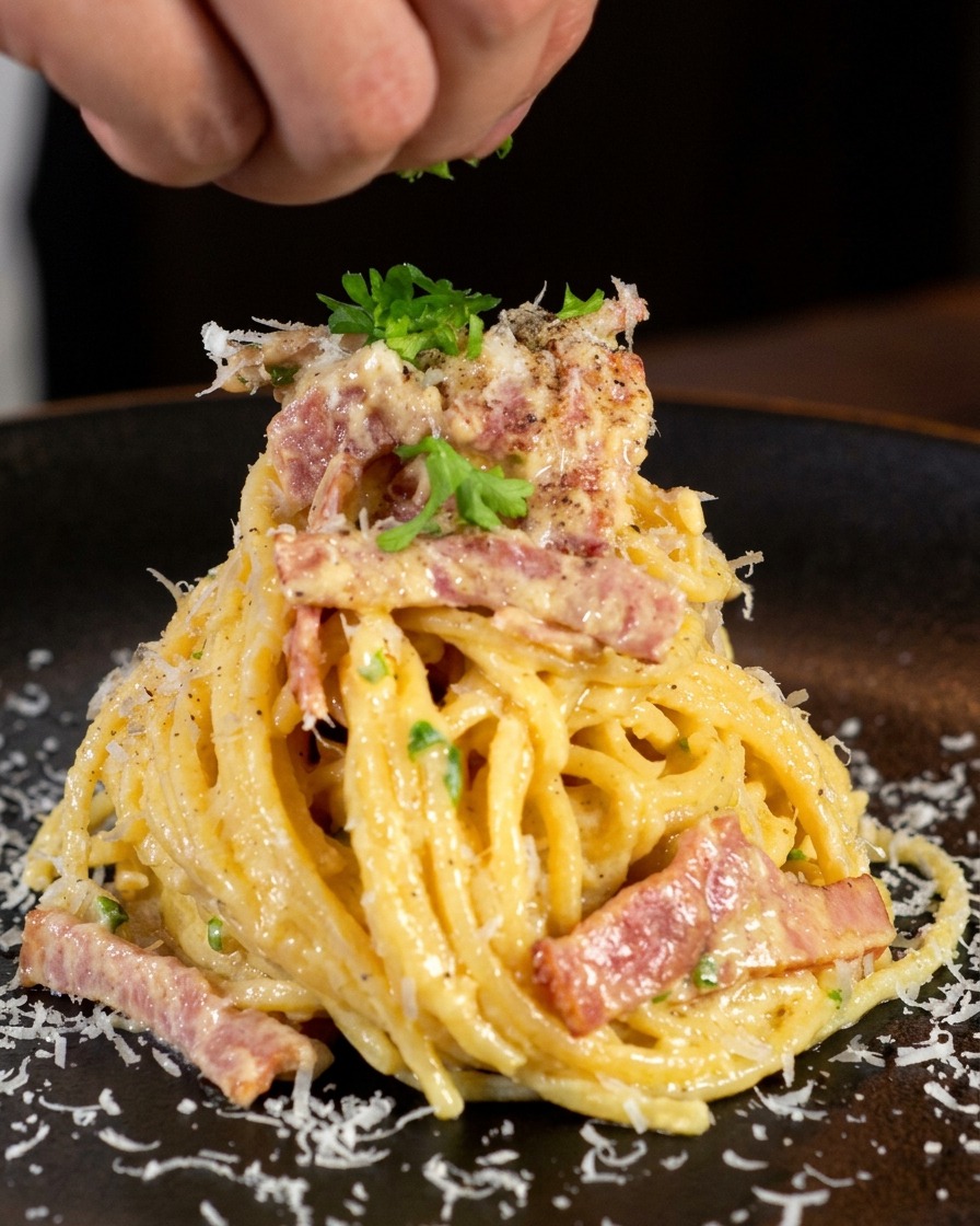 Mano che spolvera prezzemolo fresco tritato su un piatto di spaghetti alla pancetta ben presentato.
