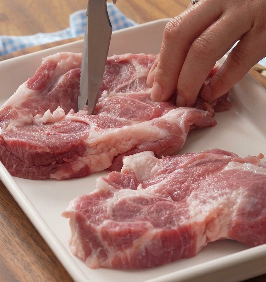 Primo piano di forbici da cucina utilizzate per rifilare il tessuto connettivo bianco da una coppa di maiale cruda e marezzata su un vassoio bianco.