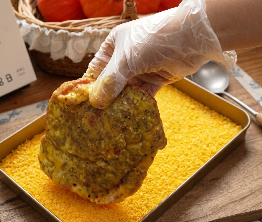 Una mano con guanto che preme una fetta di maiale impanata in un vassoio poco profondo pieno di pangrattato panko giallo dorato.