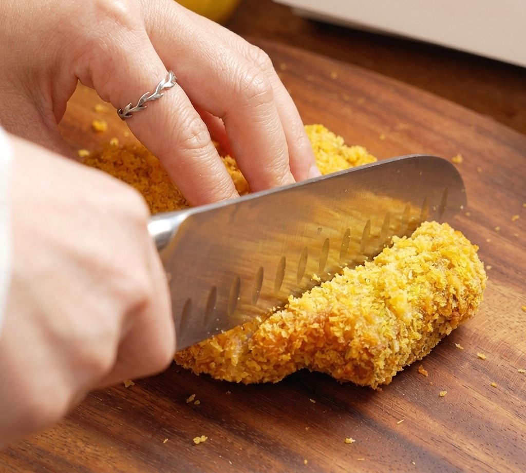 Un primo piano di un coltello seghettato che taglia una cotoletta di maiale impanata spessa, croccante e giallo-dorata su una superficie di legno.
