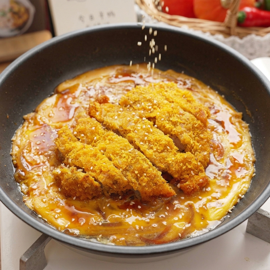 Semi di sesamo bianco tostati spolverati su una padella finita di cotoletta di maiale e uova cotte morbide in una salsa marrone saporita.