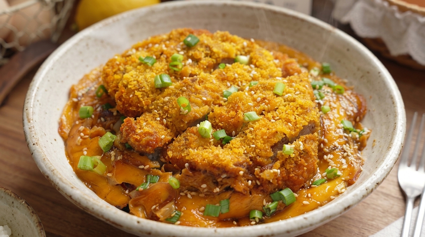 Katsudon al Forno Croccante (Ciotola di Riso Giapponese con Cotoletta di Maiale e Uova)