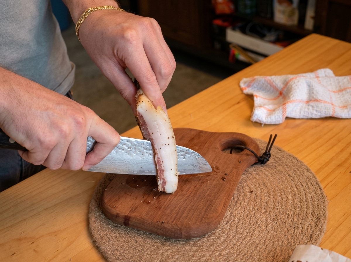 Mani che tagliano il guanciale a listarelle su un tagliere di legno.