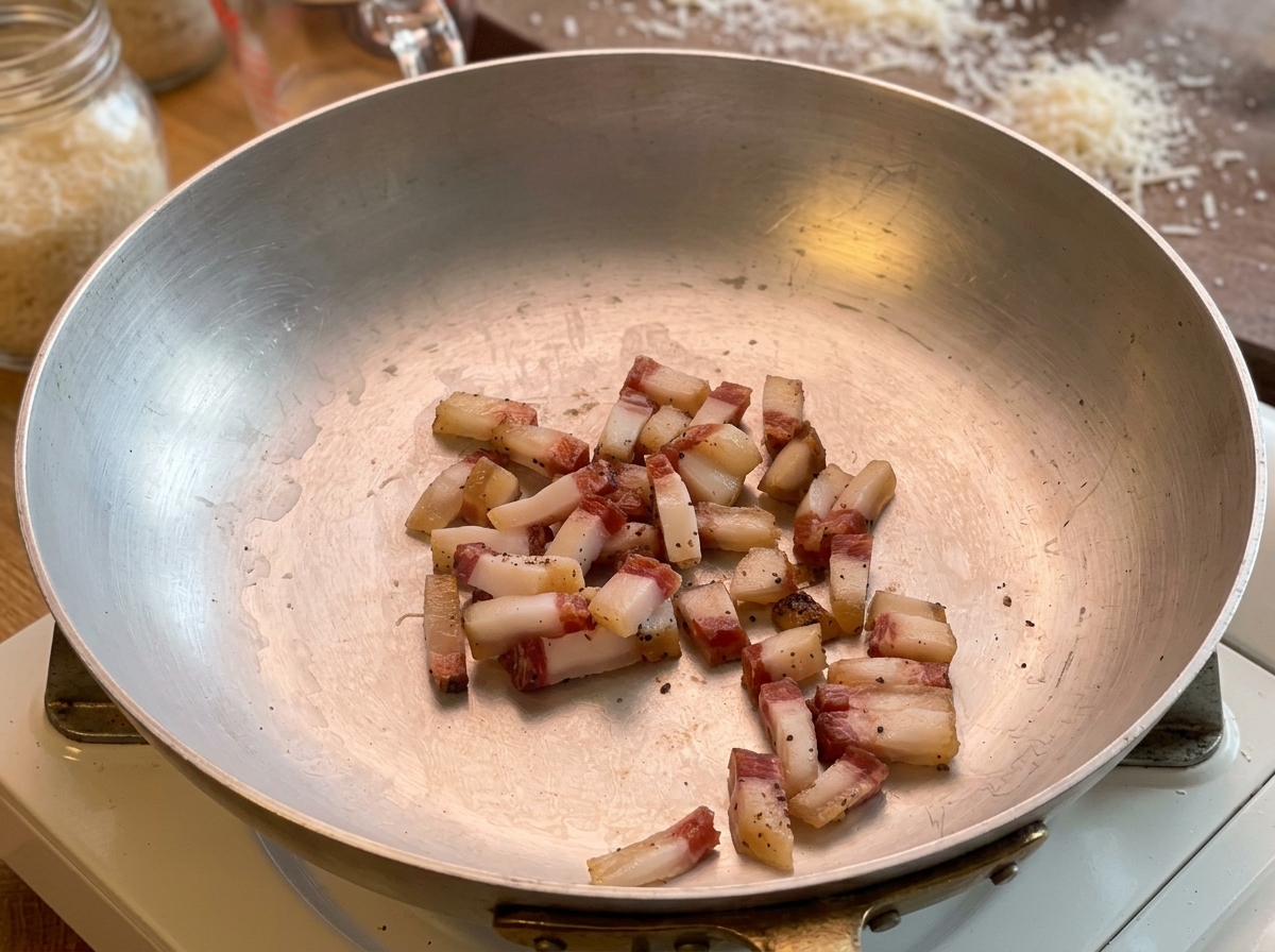 Guanciale a fette che cuoce in una padella dacciaio, rilasciando il suo grasso.