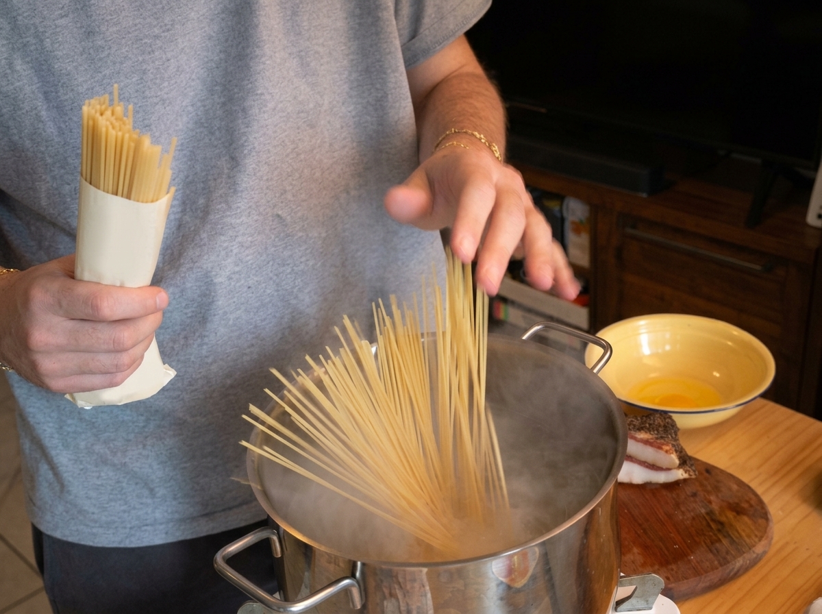 Mani che calano una manciata di spaghetti secchi in una pentola dacqua bollente.