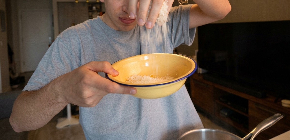 Formaggio grattugiato che cade in una ciotola gialla insieme ai tuorli duovo.