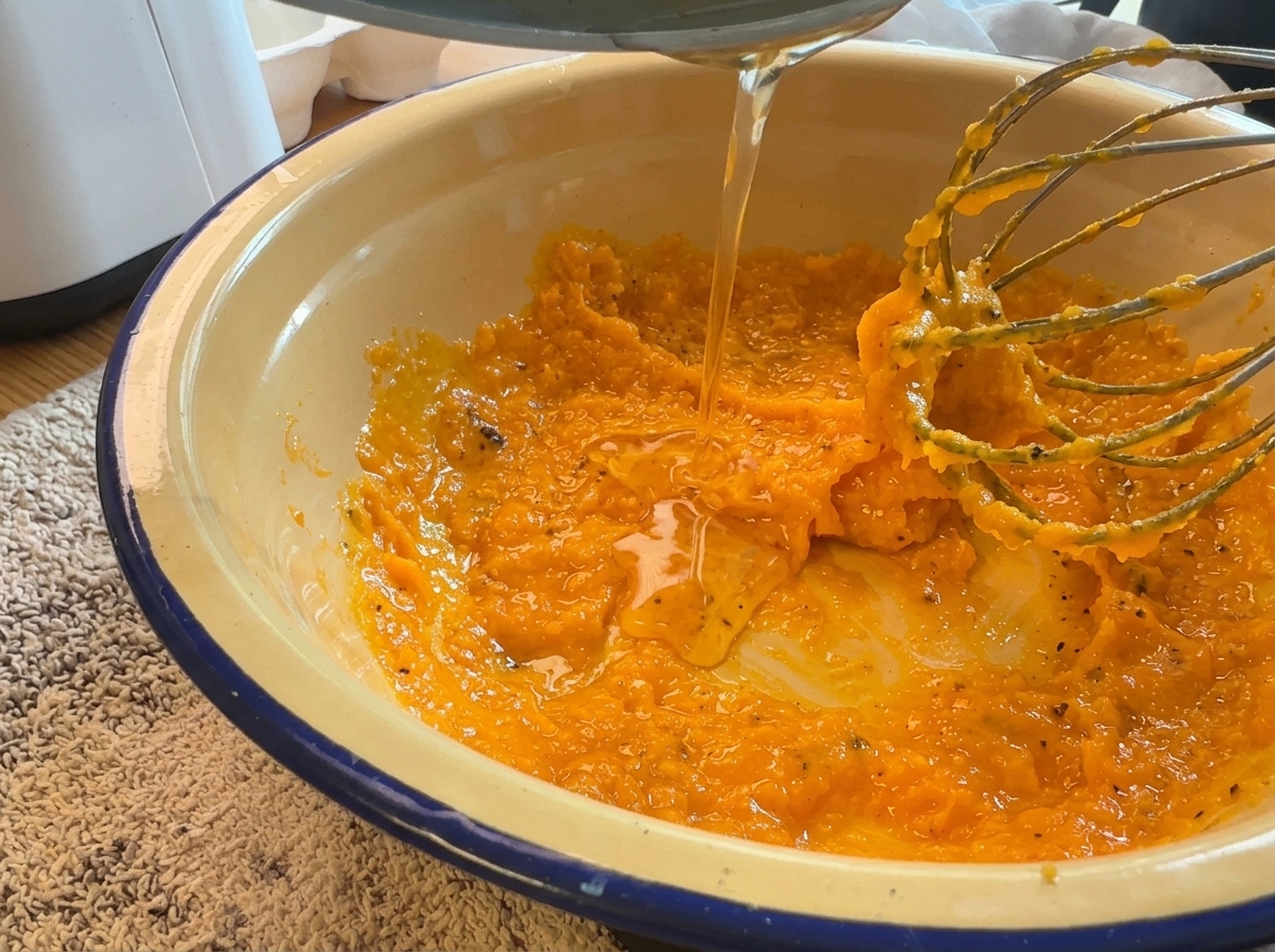 Grasso sciolto trasparente versato nella crema di uova e formaggio mentre si mescola.