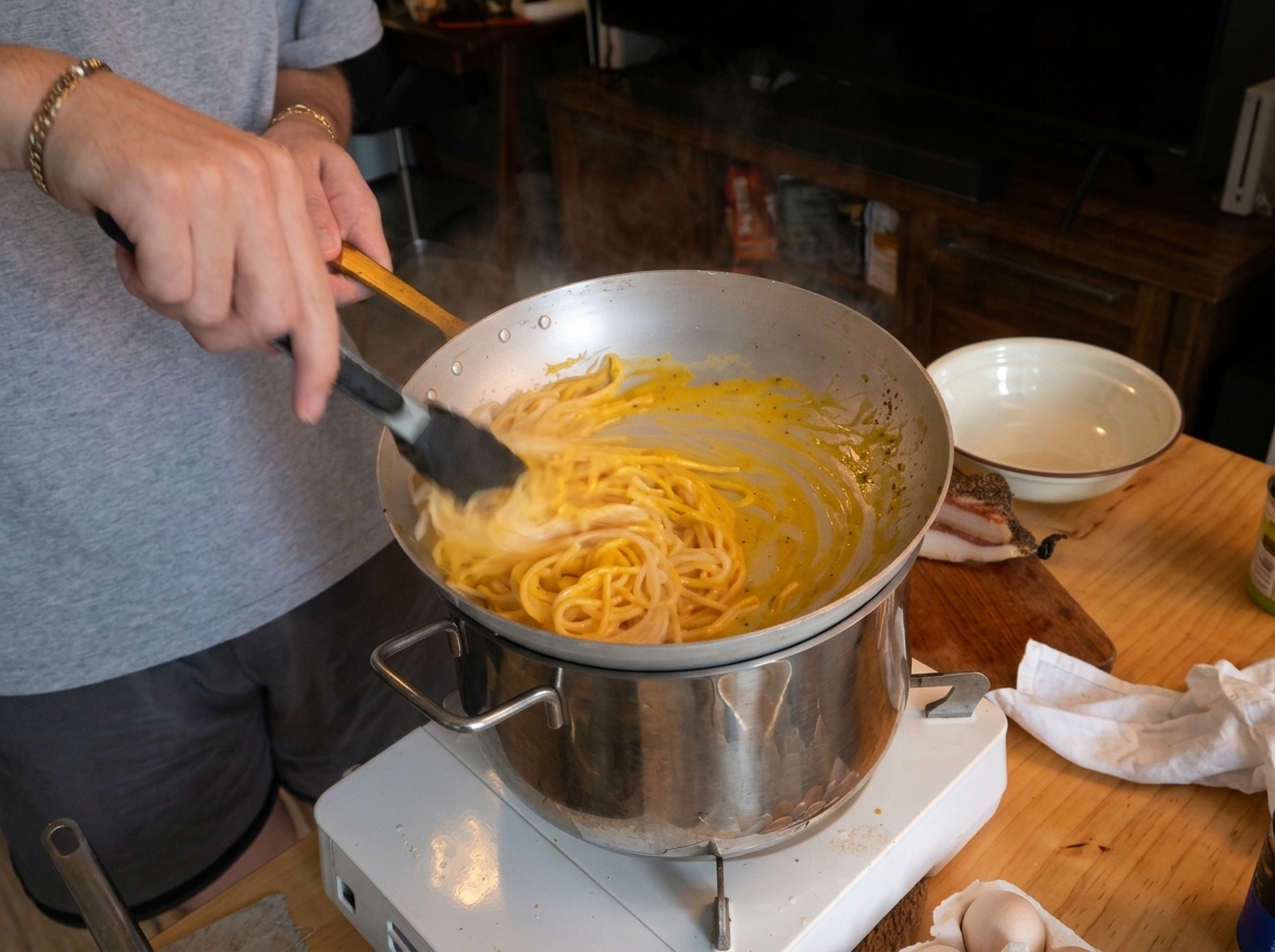 Mantecare energicamente gli spaghetti nella salsa cremosa allinterno della padella sopra il vapore.